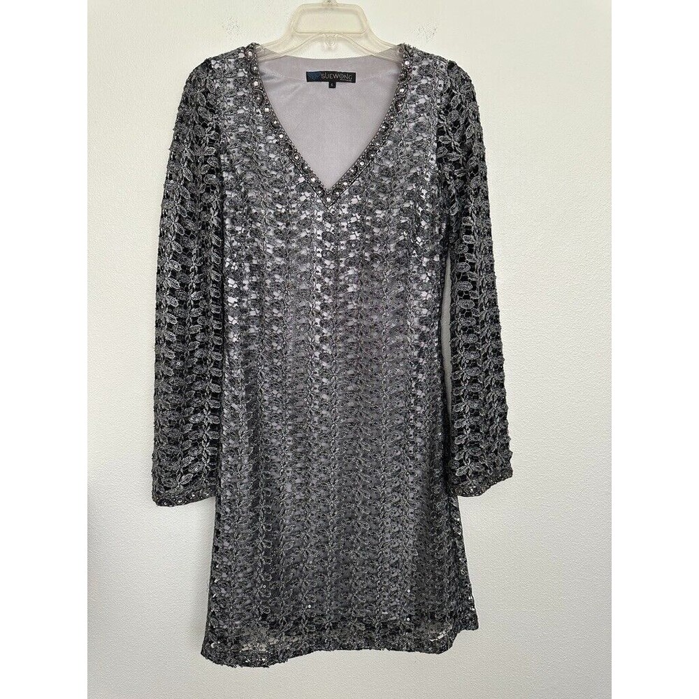 Sue Wong Nocturne Sheath Dress Long Sleeve Embellished Lined V-Neck Gray Women 6